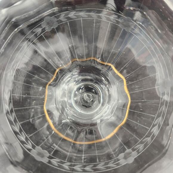 Glass Pedestal Compote Bowl Gold & Green‎ Edge Trim Flowers & Leaves Etched Band - Picture 4 of 8